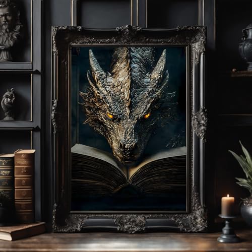 Mastraxin Dragon Book Wall Art Vintage Black Dragon Poster Vintage Reading Picture Wall Decor Fantasy Library Wall Art Dark Academia Animal Painting Animals Reading Books Prints 16x24in Unframed by Mastraxin - Used condition - US$13.44