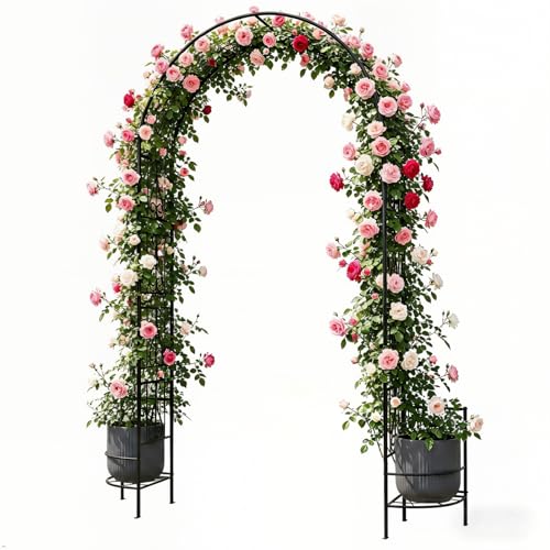 OUSHENG 8FT Metal Garden Arch Trellis with Planter Boxes for Climbing Plants Outdoor, Heavy-Duty Wedding Arch Backdrop Stand for Ceremony, Party, and Garden Decorations, Rust-Resistant Black Pergola