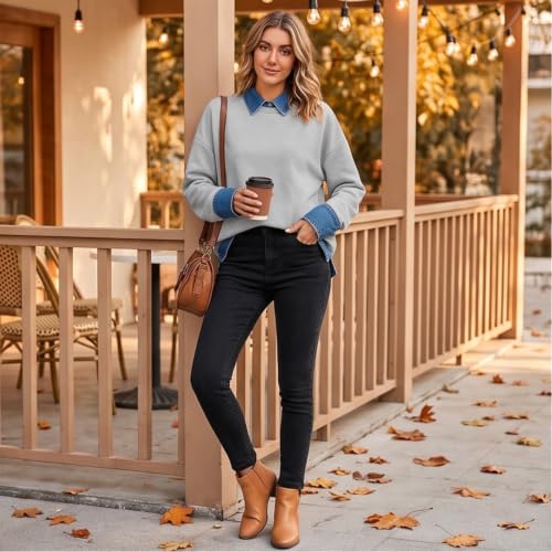 Women Polo Shirt Button Denim Patchwork Lapel Collar Long Sleeve Tops - image 3