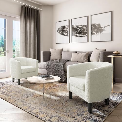 Image of BELLEZE Accent Barrel Chair Set of 2, Linen Round Chair Club Tub Sofa Corner Chair with Flared Legs and Cozy Soft Padding for Living Room Bedroom Waiting Room - Teddy White