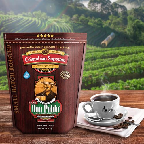 Don Pablo Colombian Supremo - Medium-Dark Roast Gourmet Coffee, 100% Arabica Whole Bean, Low Acidity, Non-GMO, 907g (2LB)