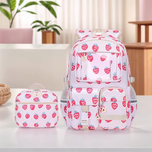 Cute Strawberry 3-in-1 Backpack Set – Kawaii Nylon Rucksack with Lunch Bag & PencilCase for Women Coquette Daypack3