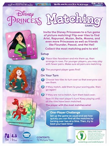 Image of Wonder Forge Disney Princess Matching Game - Fun Memory Game for Kids Ages 3 and Up - Toddler Learning Toy Featuring Belle, Ariel, and Elsa and More Disney Princesses - Packaging May Vary