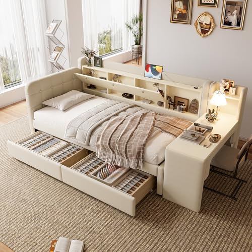 Cama de día, 90 x 200 cm (180 x 200 cm), diseño de cama nido multifuncional, USB + tipo, varios estantes, cama con somier (sin colchón), lino (beige con 2 cajones, escritorio)