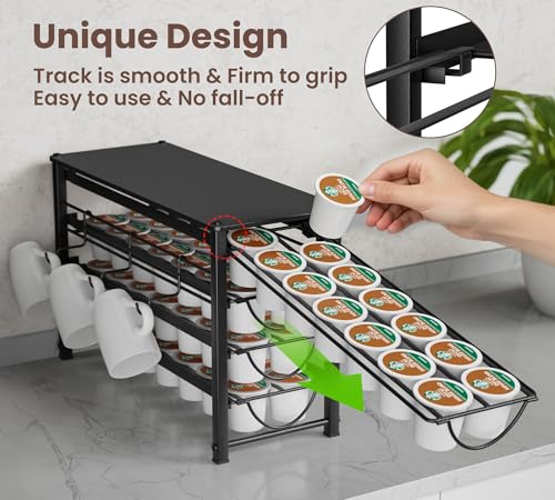 Image of HFHOME Coffee Pod Organizer for Countertop, 4-Tier Metal Storage Drawer, Holds 56 Capsules, Coffee Station Holder for Kitchen, Office, or Home, 3 cup rack, Black