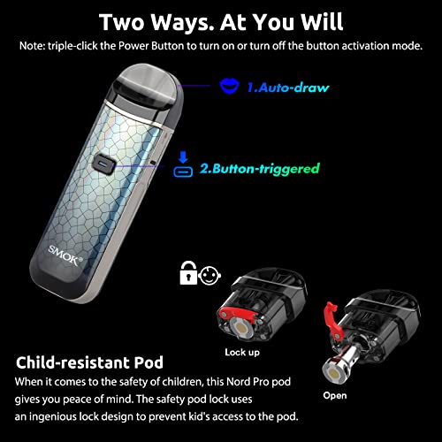 SMOK-Nord-Pro-1100mAh-25W-E-Cigarettes-Vape-Starter-Kit-2ml-Refillable-Pod-Two-Air-Inlet-Vaping-MTL-09ohm-and-DL-06ohm-Meshed-Coils-USB-Type-C-Fast-Charging-Ecig-No-Nicotine-Silver-Black-Armor