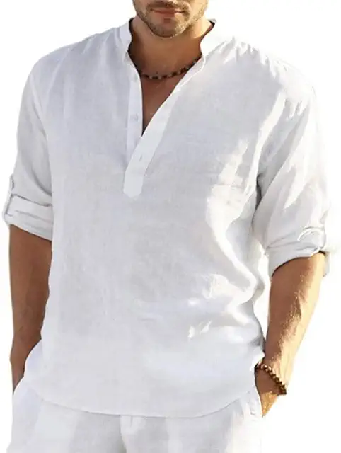 Camisa de Lino Hombre Cuello Mao Manga Larga Casual Verano Regular Fit