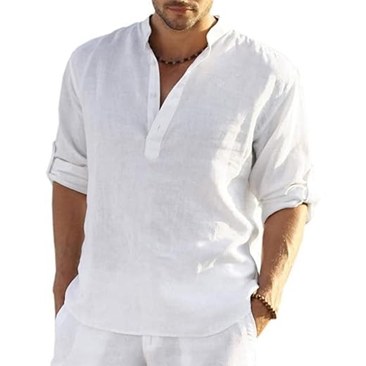 PADOLA Hombre Camisas Lino T-Shirt Suelta Manga Larga Casual Top Color Sólido Camisa de Verano Regular Fit Respirable Henley Camisas Casual (1 Blanco 3XL)