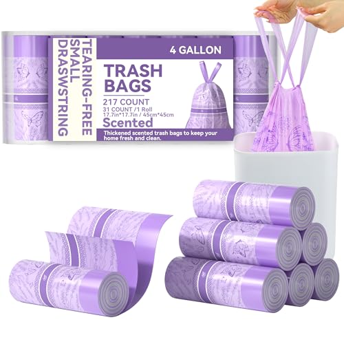 Freshlix 4 Gallon Small Trash Bags No-Tearing Drawstring Strong Garbage Bags Lightly Scented Bathroom Trash Bag 217 Count for Home Office Kitchen Outdoor Camping