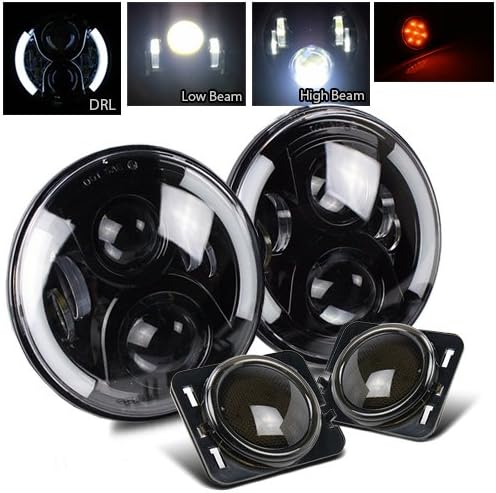 7 Inch Round CREE Black LED Projector Headlight and 3.5W 7pcs 3030 SMD Side Marker(Smoke Amber) for Jeep JK TJ LJ CJ