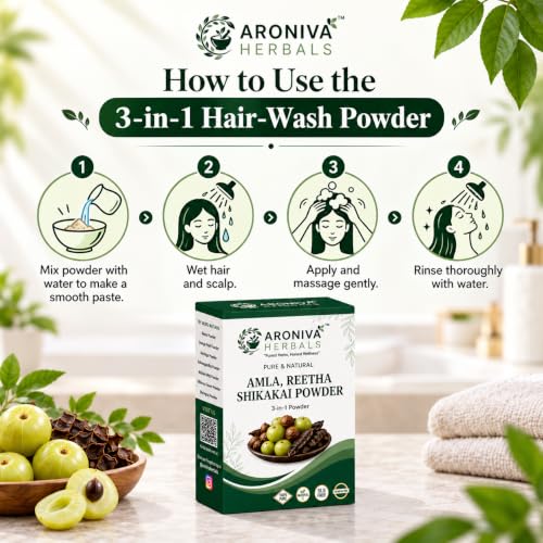 Image of Aroniva Herbals 100% Organic Amla Reetha Shikakai 3-in-1 Hair Wash Powder (200g) | Natural Herbal Shampoo Alternative for Hair Fall Control, Anti-Dandruff & Scalp Care