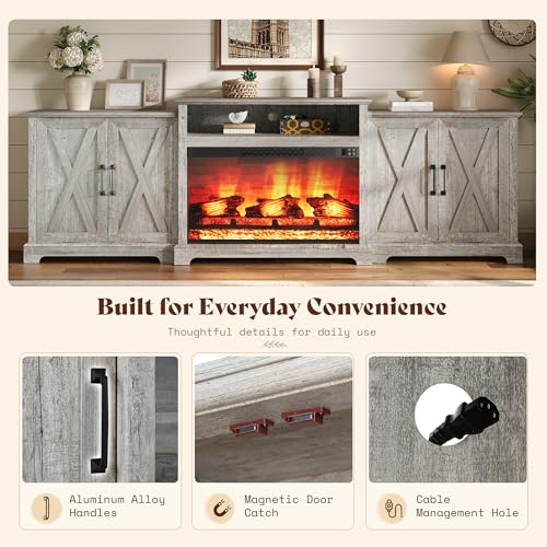 Image of AMERLIFE 97 inch Large Fireplace TV Stand for TVs up to 110 inch, Farmhouse Entertainment Center with 33 inch Electric Fireplace, Media Console with Storage Cabinets & Adjustable Shelf, Light Grey