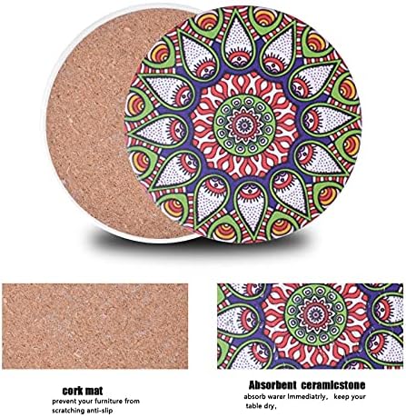 HQdeal Set of 8 Mandala Flower Ceramic Coaster, Drink Coaster Round Cup Mat Pad Set Mug Coaster with non-slip Cork Base and Holder for Cups, Mug, Wine Glass, Home, Kitchen and Bar, Presents for Friend