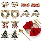 Gold Christmas Napkin Rings Set of 12, A Curated Collection of 6 Holiday Designs (Reindeer, Snowflake) - Create an Unforgettable Dinner Table, Reusable & Sturdy Metal Holders