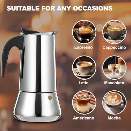 Image of Humongous 6 Cup Stovetop Maker Stainless Steel Moka Pot Maker Percolator Italian Coffee Maker Capable Mocha Coffee Machine Cafe Classic Maker for Home and Camping 300ml 10oz