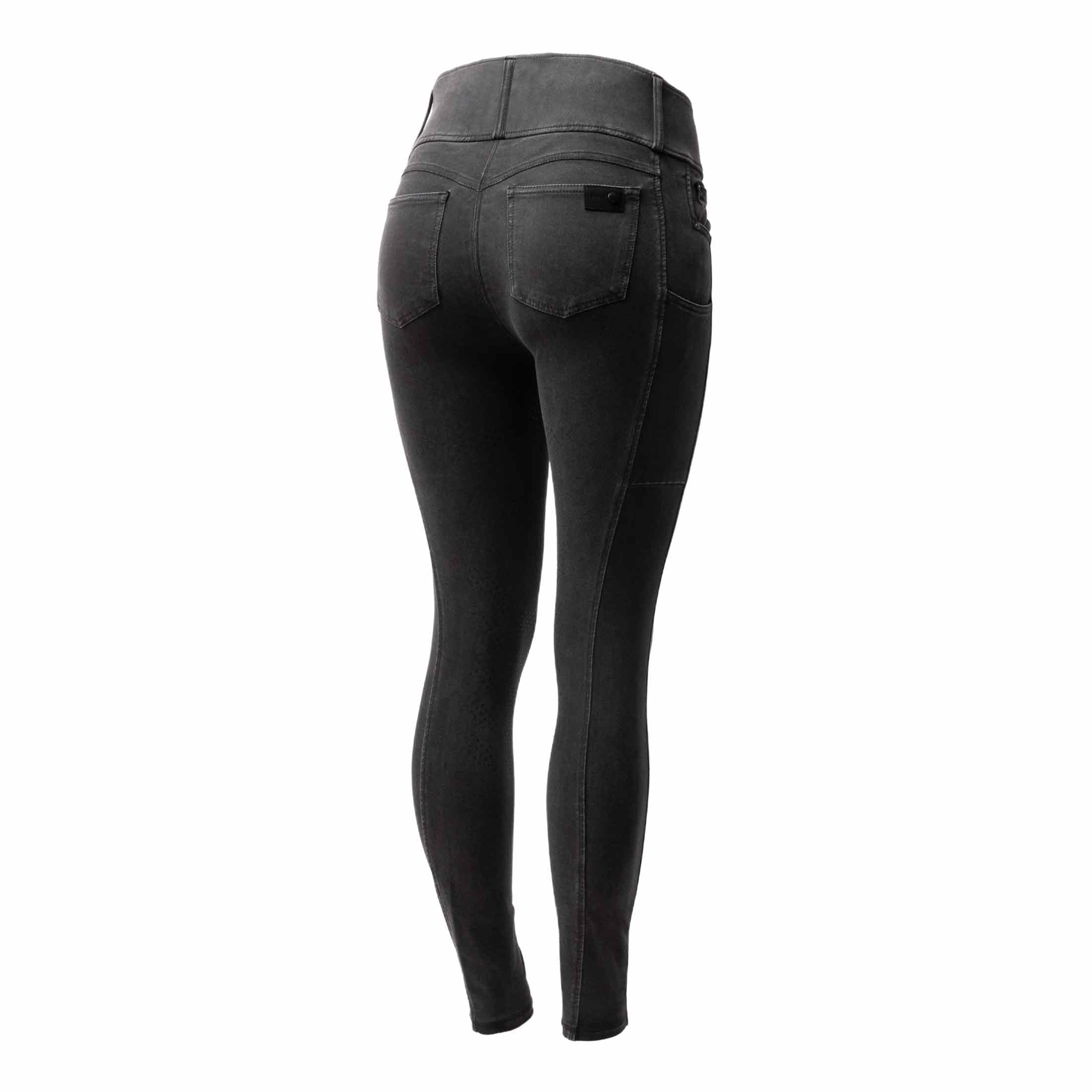 HORZE Carolyn Damen Denim Vollbesatzreithose – 4-Wege-Stretch, Handytasche, Hybrid-Grip & Gürtelschlaufen, Schwarz, 38