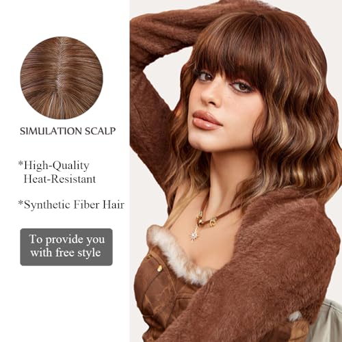 OUFEI Brown Mixed Blonde Wigs for Women Short Wavy Wig With Bangs Natural Synthetic Hair Heat Resistant Wigs for Daily Party Cosplay Wear - Image 3