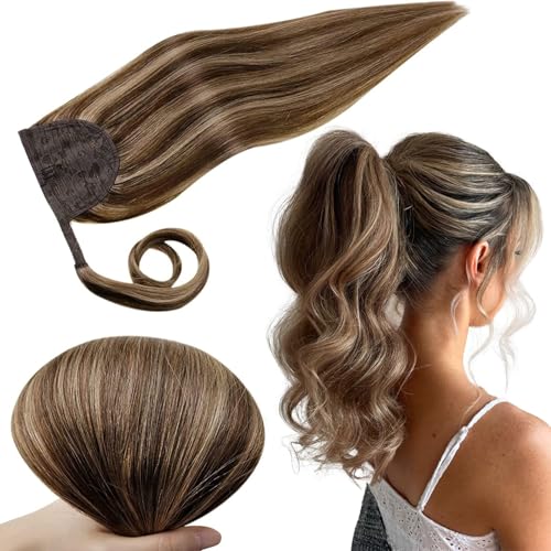 RUNATURE Echthaar Zopf Braun Highlight Blond 50cm Lang Ponytail Extensions Echthaar Dunkelbraun Mit Dunkelblond Menschliches Haar Pferdeschwanz Haarteil Echthaar 80g #3P12