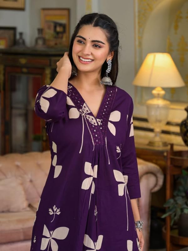 Image of NIVANA Cotton Floral Printed & Neckline Embroidered A-Line Kurta with Palazzo for Women | Fashionable Ethnic Wear Kurta Set
