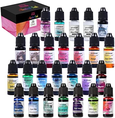 LET'S RESIN Alcohol Ink Set, 26 Vibrant Colors, Alcohol-Based Ink for Resin Art, Tumblers, Epoxy (Each 0.35oz)