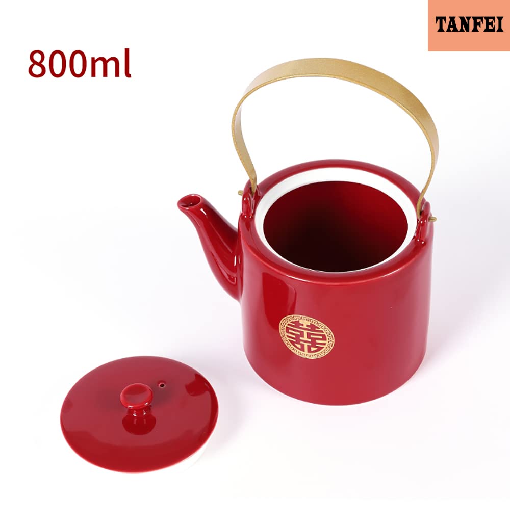 TANFEI Double Happiness Porcelain Red Wedding Tea Set, Wedding Tea Service Set, Chinese Traditional Tea Set for Wedding Birthday Housewarming Awards (1 Teapot Only)