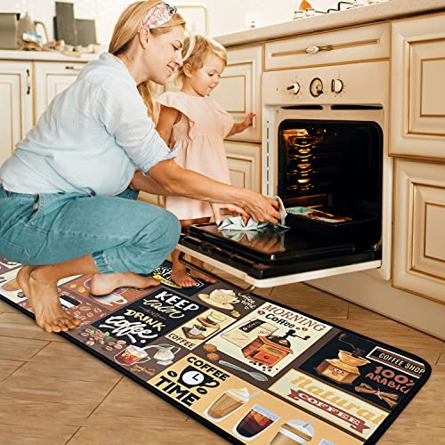 2 Pcs Coffee Theme Kitchen Rugs And Mats Non Skid Washable Black Kitchen Mat Soft Super Absorbent Anti Fatigue Kitchen Mat Runner Set Doormat Bathroom 17"X47"+17"X30" #TOP2