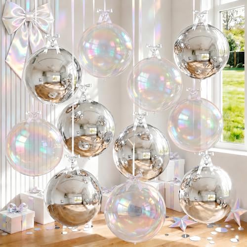Image of 8 Pcs Silver Balloons and Iridescent Round Foil Balloons Holographic Metallic Silver 4D Ball Balloon Ornament Balloon for Birthday Grad Anniversary Prom Mermaid Under The Sea Disco Party Decor
