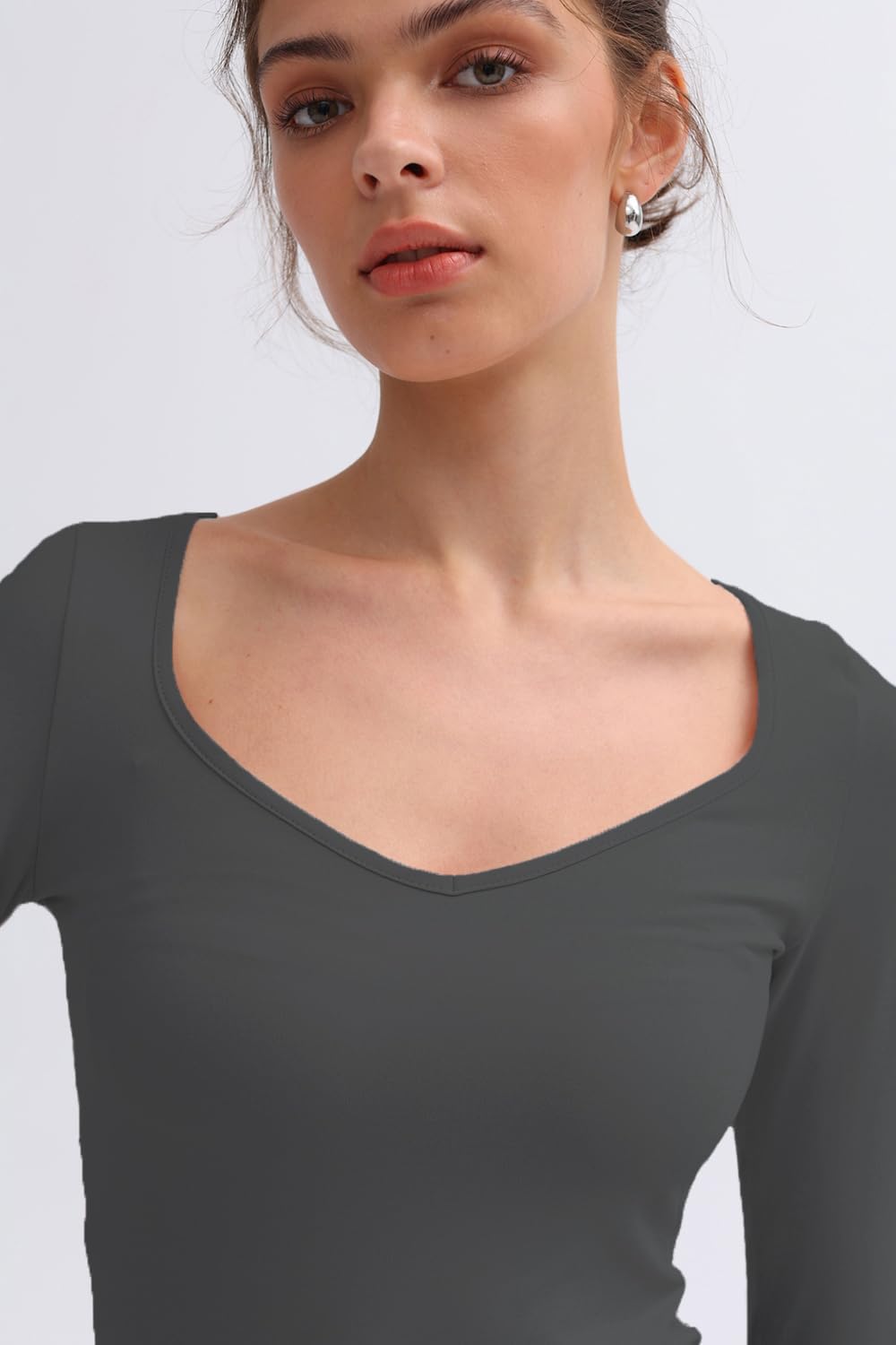 Women Long Sleeve Tops - Sexy Going Out Sweetheart V Neck Basic Shirts Tight Slim Fall Trendy Clothing - Image 2