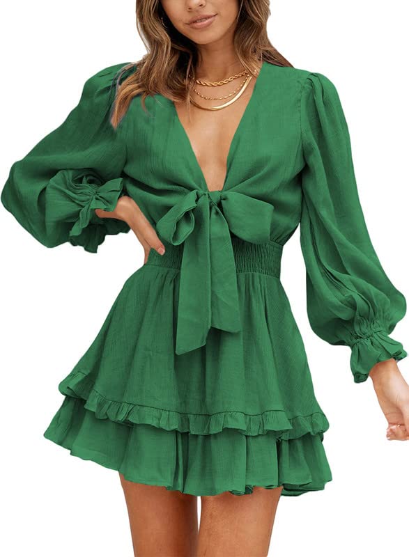 DokotooWomens Casual Spring Summer 2025 Deep V Neck Knotted Tiered Chiffon Elegant Mini Short Swing Skater Dresses