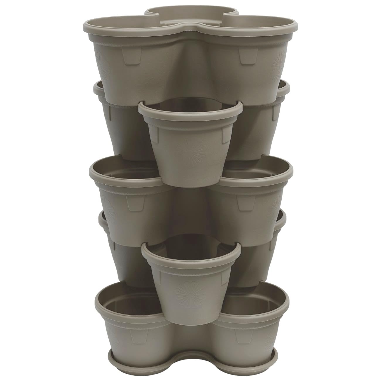 5X Blumentopf, Säulentopf, Pflanzturm, Hochbeet, Pflanztopf-Kübel mit Untersetzer, stapelbar, widerstandsfähig, Kunststoff, für Außenbereich, 55 Liter, Farbe: Hellbraun