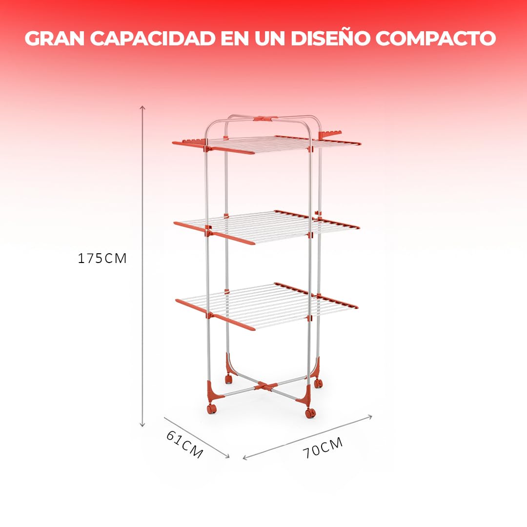 Tendedero Vertical Plegable 30M 3 Niveles con Ruedas 69.5×69.5×141.5cm - Tendedero de Pie Plegable de Aluminio para Interior y Exterior - Tenderetes de Ropa Plegables Ahorra Espacio