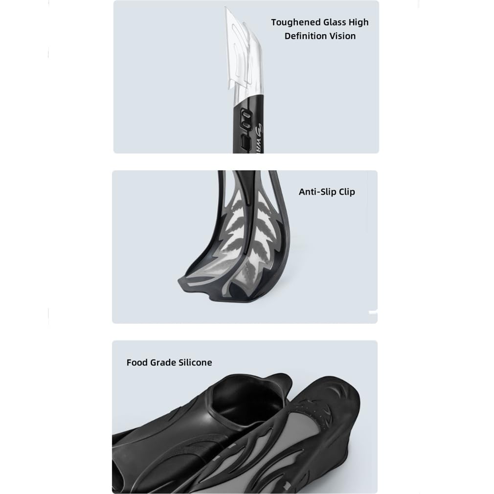 Attrezzatura professionale per snorkeling per adulti e giovani, set di boccaglio in silicone di grado Full Dry Top con design convesso antiscivolo e piastra in vetro rinforzato HD, set da