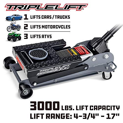 Image of Powerbuilt 3000 Pound Triple Lift Garage Jack, Heavy Duty Vehicle, Truck, Car, Motorcycle, Transmission Lift, 1.5 Ton Capacity, 620622