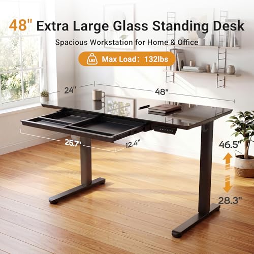 Image of YDN Glass Standing Desk with Drawer, 48 x 24 Inches Electric Adjustable Height Desk, Sit Stand Home Office Desk with Tempered Glass Top, 4 Memory Presets Ergonomic Computer Desk, Black