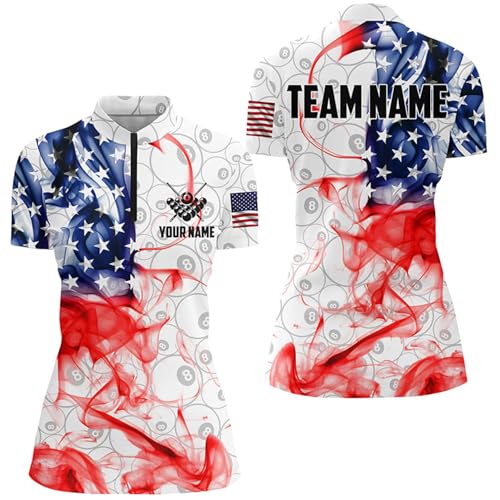 Personalized Vintage Smoke US Flag Billiard Quarter Zip Shirts for Women White 8 Ball Pool Jerseys V1013