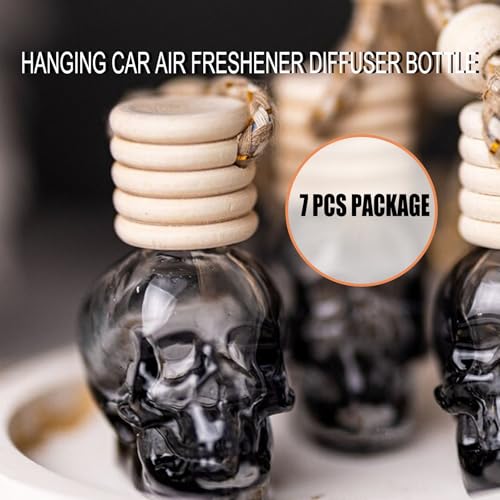 Image of 7 Pcs 8ml Hanging Car Air Freshener Diffuser,Empty Black Gradient Glass Essential Diffuser Oil Aromatherapy Fragrance Perfume Pendant Glass Vials with Wooden Caps (Skull, 8ml)