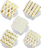 100 Gold Foil Cocktail Napkins | 5 Assorted Designs Folded 5 x 5 Inches Disposable Party Napkins Beverage Napkins | Bulk White Paper Napkins Are Perfect for Dinner, Wedding, Baby Shower, Bridal Shower