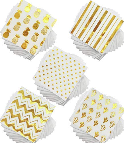 100 Gold Foil Cocktail Napkins | 5 Assorted Designs Folded 5 x 5 Inches Disposable Party Napkins | Bulk 3-Ply White Paper Napkins Are Perfect for Dinner, Wedding, Baby Shower, Bridal Shower, Birthday