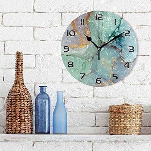 One Bear Modern Green And Gold Marble Texture Wall Clock, Vintage Silent Non Ticking Battery Operated Round Clock For Kitchen Office School Home Decor #TOP2