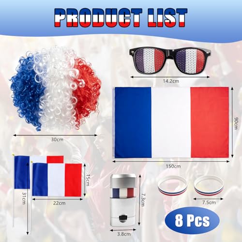 YYSWSAKY Pack of 8 France Fan Item, World Cup Decoration France, Football World Cup 2026 Fan Pack with Sunglasses, Make-Up Pen, Hand Flags, Bracelet, Flag, Wig for Party Stadium Public Viewing (France