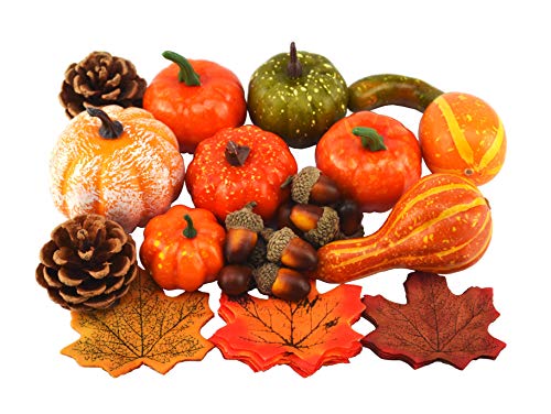 Mezcla de calabazas artificiales Jedfer, hojas de arce realistas, bellota realista con tapa natural, conos de pino para festivales, Halloween, cosecha de otoño, decoración del hogar (50 unidades) Cover