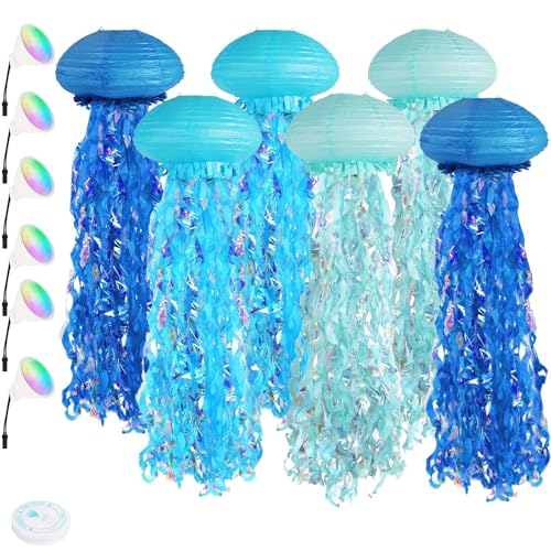 Image of 6 Pack Glowing Jellyfish Lanterns with Color LED, Hanging Jellyfish for Under The Sea Party, Mermaid Birthday Decorations, Ocean-Themed Decor, Jellyfish Decor with 36ft String