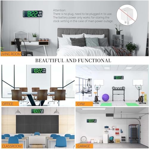 Image of 13 inch Plastic Digital Wall Clock - Large Green & White LED Display, Remote Control, Auto Brightness Dimmer, Date, Day & Temperature Display - Ideal for Living Room, Office, Gym, Shop