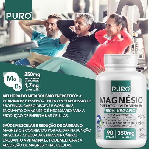 Magnésio Puro Nutrition, Quelato, Bisglicinato + Vitamina B6, 350mg Magnésio por Porção, 90 Cápsulas