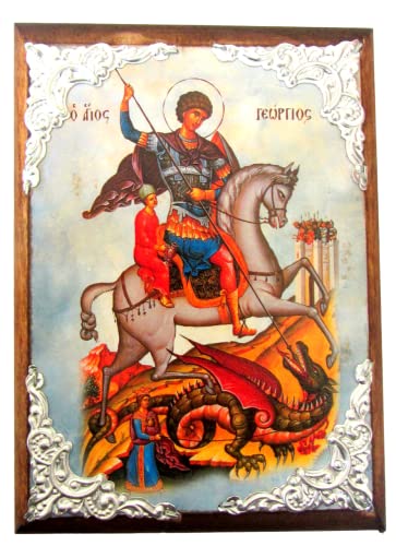 Iconsgr Wooden Greek Christian Orthodox Wood Icon of Saint George Riding His Horse and Slaying the Beast / AM30