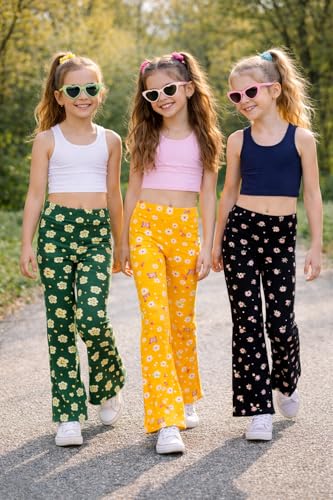 Image of T2F Girls Cotton Flared Leggings Pack of 3 | Soft Stretch Bootcut Pants for Kids | Printed Floral & Heart Designs | Multicolor Combo (2-14 Years