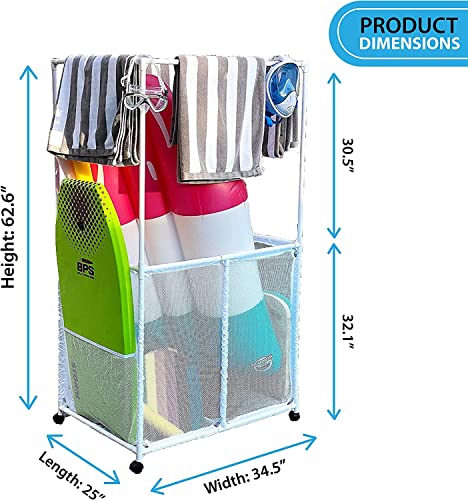 Pool Bins Pool Equipment Holder with Towel Drying Bars, Mesh Rolling Multi Use Storage Organizer Bin, Large Towel Hanger (25" L x 34.5" W x 62.6" H), White