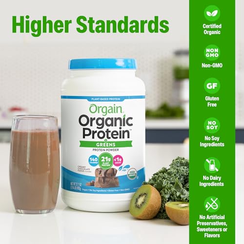 Orgain Organic Vegan Protein Powder + Greens, Creamy Chocolate Fudge - 21g Plant Based Protein, Gluten Free, Dairy & Lactose Free, Soy Free, No Sugar Added, Iron & Prebiotics for Gut Health - 1.94lb - image 3