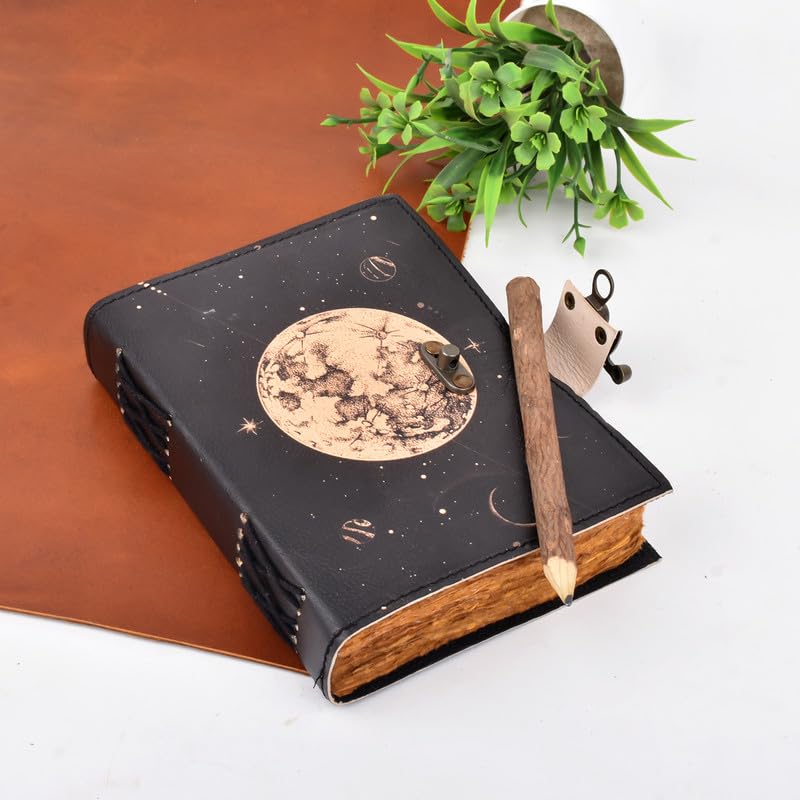 Image of Moon Print Leather Journal Diary with Lock Clasp | Vintage Handmade Leather Journal | Size- 7 X 5 inch (200 pages)