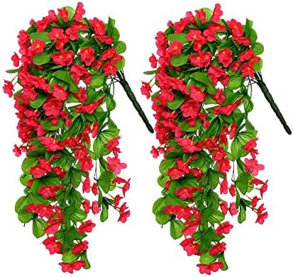 ZFProcess 2 Pack Artificial Hanging Flowers, Fake Hanging Plants Colorful Orchid Flower Bouquet for Wall Home Room Garden Wedding Indoor Outdoor Decoration(red)